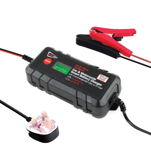 4Amp 6/12V Smart Battery Charger With Clamps & O Ring