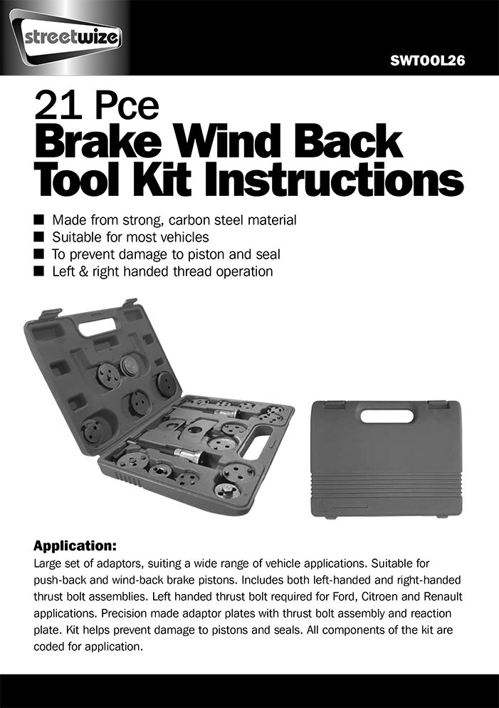 21-piece Brake Wind-Back Tool Kit - Streetwize Accessories